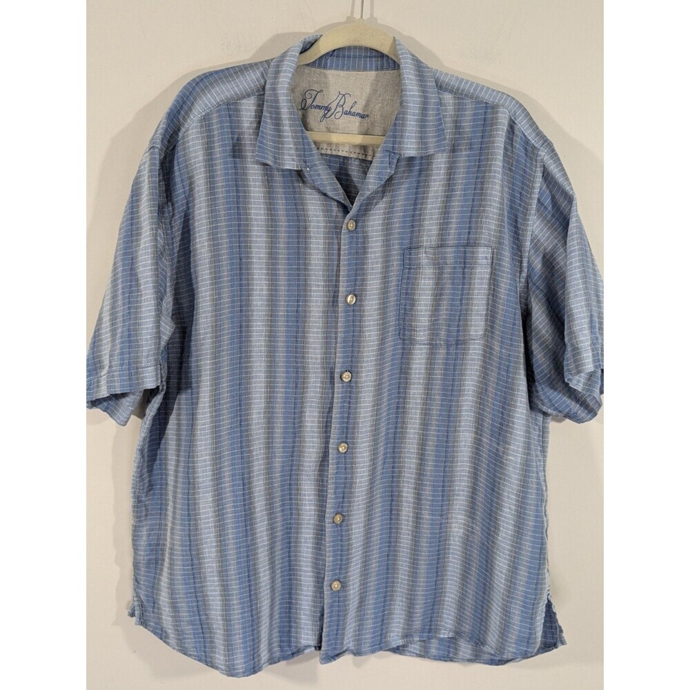 Tommy Bahama Mens XL Blue Striped Button Up Short Sleeve 100% Linen Coastal